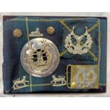 GORDON HIGHLANDERS PLAID BROOCH, BELT BUCKLES, CAP BADGE, BUTTONS,