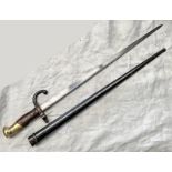 FRENCH GRAS BAYONET WITH 52CM LONG BLADE DATE 1879 TO SPINE OF BLADE WITH ITS STEEL SCABBARD