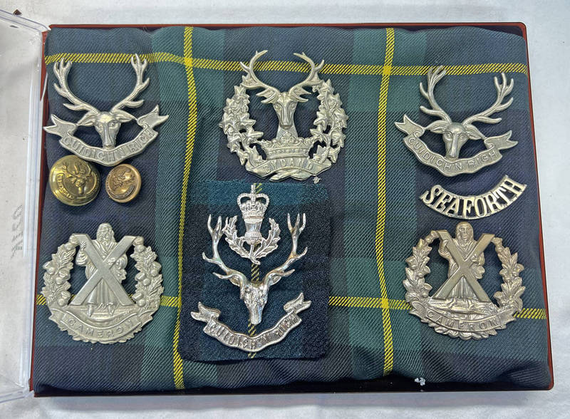 CAP BADGES TO INCLUDE GORDON HIGHLANDERS, CAMERONS, & THE SEAFORTH HIGHLANDERS,