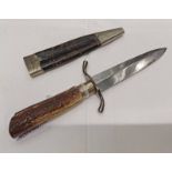 CONTINENTAL SHEATH KNIFE WITH 11CM LONG SINGLE SIDED BLADE, RECURVED CROSS GUARD,
