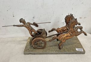 COPPER PLATED METAL CLASSICAL CHARIOT WITH MAN HOLDING SPEAR ON A MARBLE BASE,