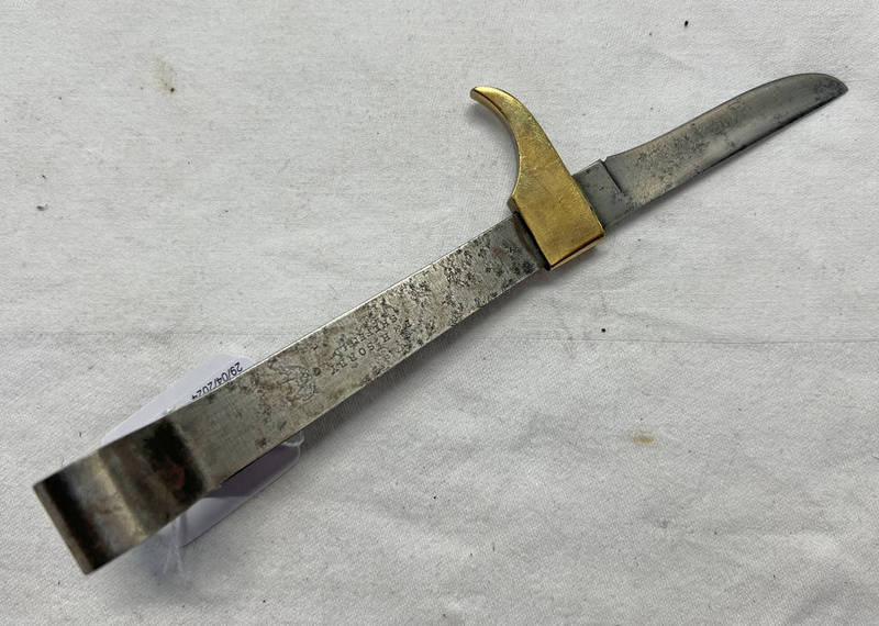 SORBY, SHEFFIELD KNIFE WITH BRASS GUARD AND CLAMP TO BOTTOM, 20.