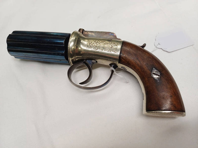 80 BORE 6 SHOT PEPPERBOX REVOLVER SIGNED H EGG LONDON, 7.