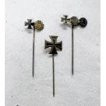 THREE WW1 GERMAN STYLE STICK PINS, IRON CROSS AND HONOUR CROSS, IRON CROSS,