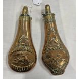 TWO COPPER AND BRASS POWDER / SHOT FLASKS WITH HUNTING SCENES,