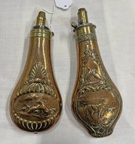 TWO COPPER AND BRASS POWDER / SHOT FLASKS WITH HUNTING SCENES,