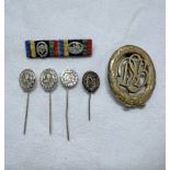 POST 1957 GERMAN BRONZE SPORTS BADGE & 4 STICKPINS & MEDAL BAR