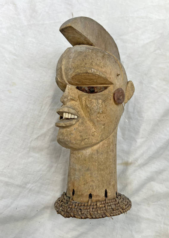 TRIBAL AFRICAN BUST, MADE OF WOOD, METAL EYES & BONE TEETH,