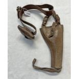 BRITISH 1914 PATTERN REVOLVER HOLSTER (MODIFIED) ON A LEATHER BELT WITH BRASS BUCKLE AND A LEATHER