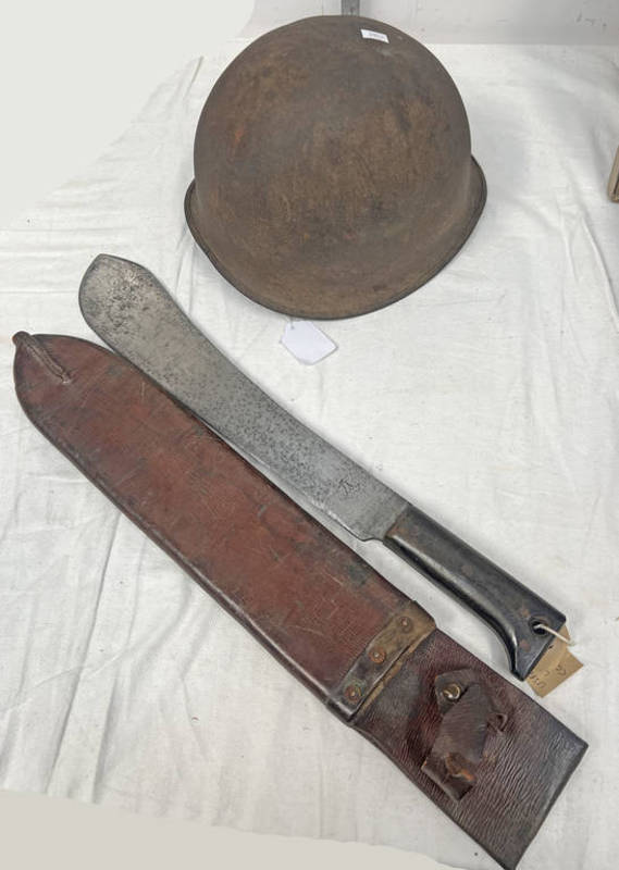US ARMY HELMET WITH LINER AND A WW2 1940 DATED LEGITIMUS COLLINS & CO NO 1250 MACHETE