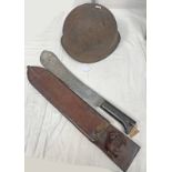 US ARMY HELMET WITH LINER AND A WW2 1940 DATED LEGITIMUS COLLINS & CO NO 1250 MACHETE