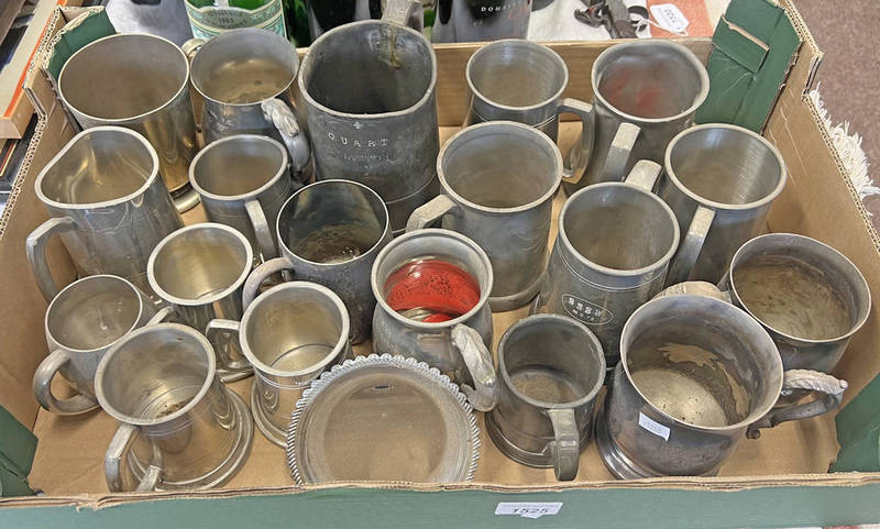 SELECTION OF MUGS TO INCLUDE A PEWTER QUART MARKED D HATTON,