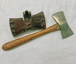 M PRICE SAN FRANCISCO DOUBLE HEADED THROWING HATCHET WITH LEATHER SHEATH MARKED MAIN & WINCHESTER
