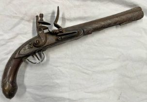 19TH CENTURY 38 BORE INDIAN FLINTLOCK HOLSTER PISTOL WITH 27.