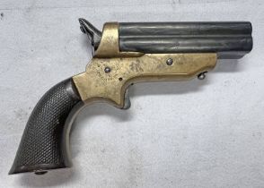 C SHARPS PATENT 1859 DERRINGER PISTOL WITH 4 2" BARRELS, BRASS BODY WITH MAKERS MARKS,