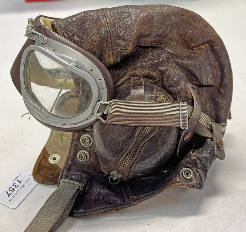 LEATHER FLYING HELMET ALONG WITH STADIUM AVIATION GOGGLES Condition Report: No