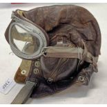 LEATHER FLYING HELMET ALONG WITH STADIUM AVIATION GOGGLES Condition Report: No