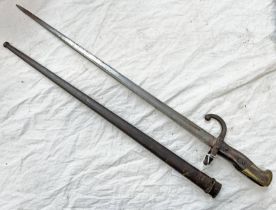 FRENCH GRAS BAYONET WITH 52CM LONG BLADE DATED 1881 TO SPINE WITH ITS SCABBARD