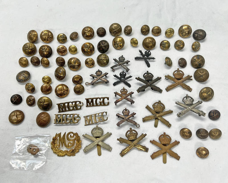 MACHINE GUN CORPS CAP BADGES, COLLAR BADGES AND BUTTONS,