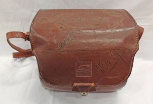 LEATHER CAMERA BAG WITH NUMEROUS SIGNATURES TO THE EXTERIOR TO INCLUDE VERA LYNN ETC