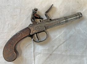 50 BORE FLINTLOCK BOXLOCK POCKET PISTOL BY KETLAND & CO, 6CM LONG TURN OFF CANNON STYLE BARREL,