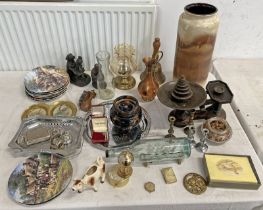 HAND BELL, WEST GERMAN VASE, SCALES WITH WEIGHTS, COPPER JUG ETC.