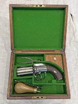 19TH CENTURY PERCUSSION 6 SHOT PEPPERBOX REVOLVER WITH 7CM LONG CYLINDER WITH BIRMINGHAM PROOF