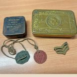 WW1 CHRISTMAS 1914 TIN WITH DOG TAGS TO A W THOMSON RAF 541031