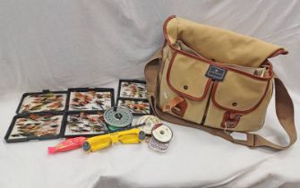 HARDY FISHING BAG WITH CONTENTS TO INCLUDE A PRIEST, RIMFLY REEL,