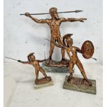 3 COPPER PLATED METAL CLASSICAL SPEAR MEN FIGURES,