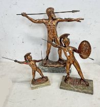 3 COPPER PLATED METAL CLASSICAL SPEAR MEN FIGURES,