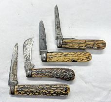 4 ANTLER / STAG POCKET KNIVES, JOSEPH ALLEN & SONS,