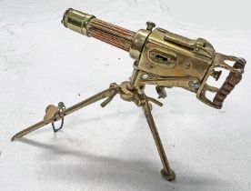 BRASS AND COPPER TRENCH ART MODEL OF A VICKERS MACHINE GUN ON STAND, GUN IS 10.