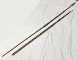 TWO METAL AND WOOD TRIBAL SPEARS -2- 156CM LONGEST