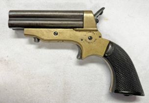 C SHARPS PATENT 1859 DERRINGER PISTOL WITH 4 3" BARRELS, BRASS BODY WITH MAKERS MARKINGS,