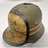 WW1 IMPERIAL GERMAN STEEL HELMET WITH PAINTED PANELS TO INCLUDE A GERMAN SOLDIER SCENE TITLED SOMME,