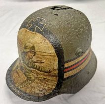 WW1 IMPERIAL GERMAN STEEL HELMET WITH PAINTED PANELS TO INCLUDE A GERMAN SOLDIER SCENE TITLED SOMME,