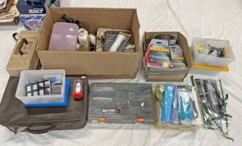 LARGE SELECTION OF FISHING RELATED GEAR TO INCLUDE TOOLS, MAXIMA MONOFILAMENT LINE, LEAD WEIGHTS,