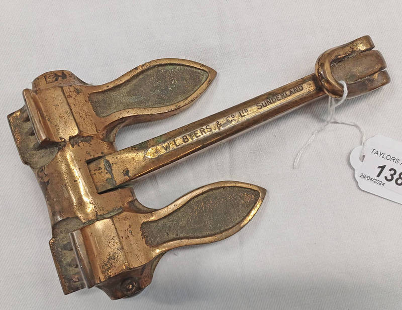 SOLID BRASS SALESMAN SAMPLE SHIPS ANCHOR MODEL MANUFACTURED BY W L BYERS & CO LTD , SUNDERLAND ,