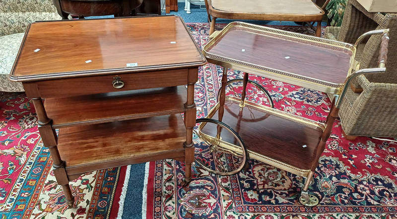 EARLY 20TH CENTURY MAHOGANY 3 TIER TROLLEY WITH SINGLE DRAWER & CONTINENTAL STYLE DRINKS TROLLEY