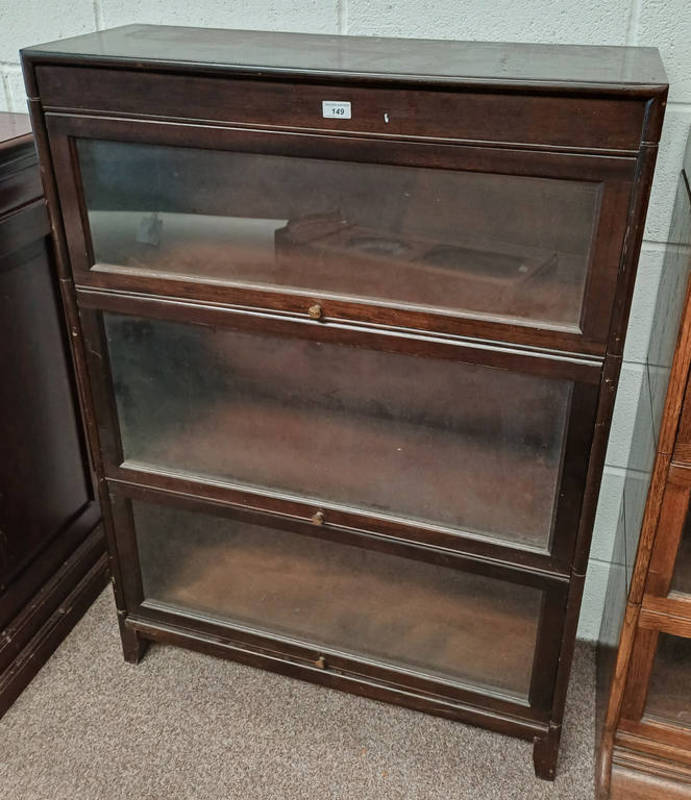 20TH CENTURY MAHOGANY SECTIONAL BOOKCASE WITH 3 GLAZED PANEL DOORS LABELLED 'ANGUS' & 'GUN' TO