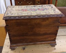19TH CENTURY MAHOGANY BOX WITH LIFT-UP TOP WITH VICTORIAN GLASS BEAD TAPESTRY TOP.