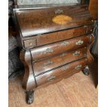 19TH CENTURY INLAID MAHOGANY DUTCH BUREAU WITH SHAPED FRONT WITH FALL FRONT OPENING TO FITTED