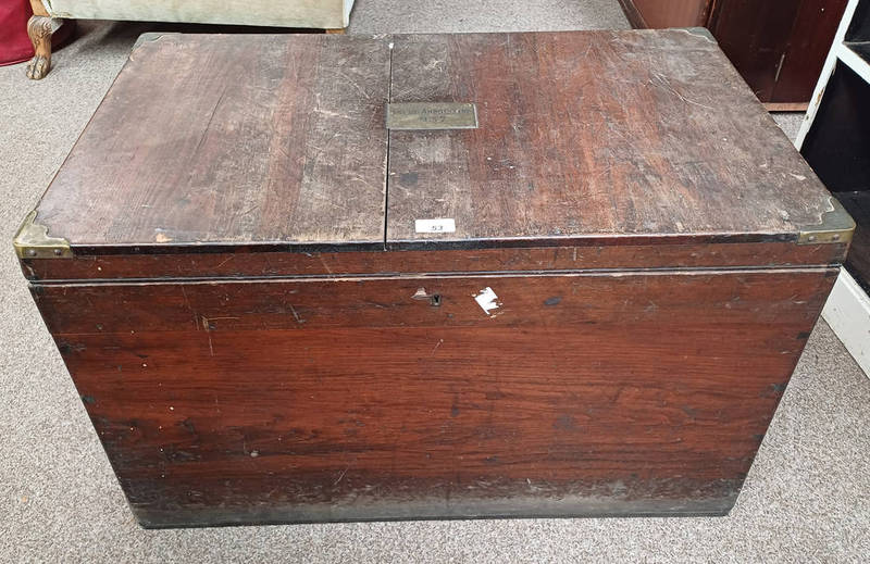 EARLY 20TH CENTURY PINE TRUNK WITH BRASS FIXTURES AND BRASS PLAQUE TO TOP SIGNED 'LODGE ABBOTSFORD