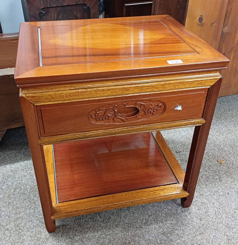 CHINESE HARDWOOD BEDSIDE TABLE WITH SINGLE DRAWER & UNDERSHELF,