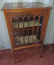 20TH CENTURY MAHOGANY DISPLAY CABINET WITH SINGLE GLAZED PANEL DOOR OPENING TO SHELVED INTERIOR ON