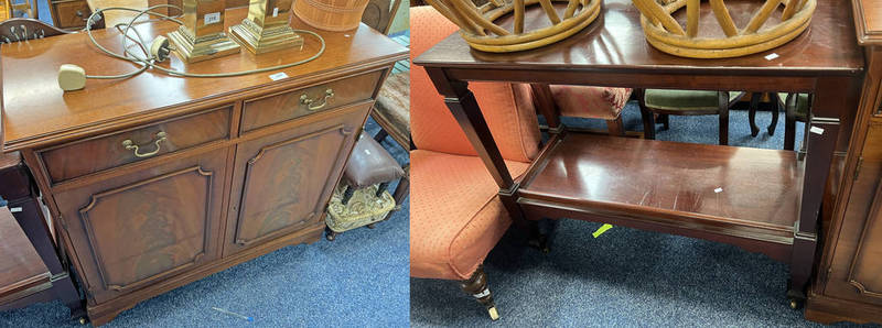 MAHOGANY 2 TIER WHAT-NOT & MAHOGANY SIDEBOARD WITH 2 DRAWERS OVER 2 PANEL DOORS