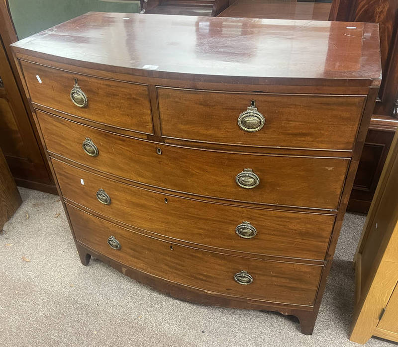 19TH CENTURY INLAID MAHOGANY BOW FRONT CHEST OF 2 SHORT OVER 3 LONG DRAWERS ON BRACKET SUPPORTS.