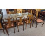 20TH CENTURY BURR WALNUT DINING TABLE ON SHAPED SUPPORTS & SET OF 6 WALNUT DINING CHAIRS & 2 OTHER