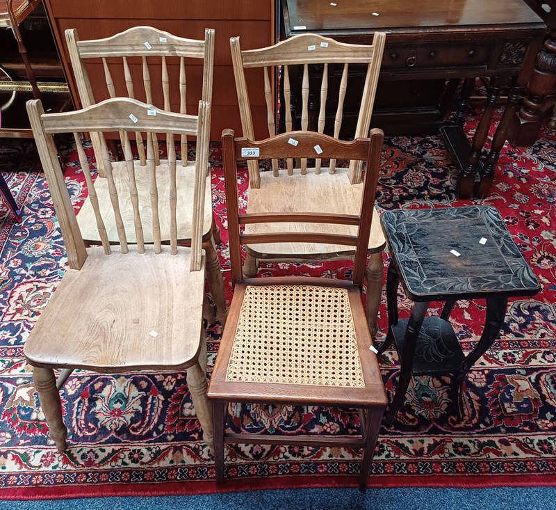 PAIR OF SPINDLE BACK CHAIRS ON TURNED SUPPORTS, INLAID MAHOGANY HAND CHAIR WITH BERGERE SEAT ETC.